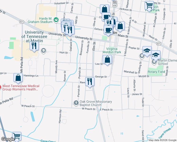 map of restaurants, bars, coffee shops, grocery stores, and more near 409 Elm Street in Martin