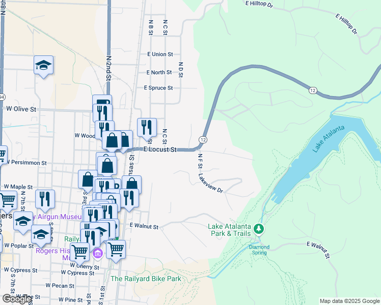 map of restaurants, bars, coffee shops, grocery stores, and more near 428 East Locust Street in Rogers