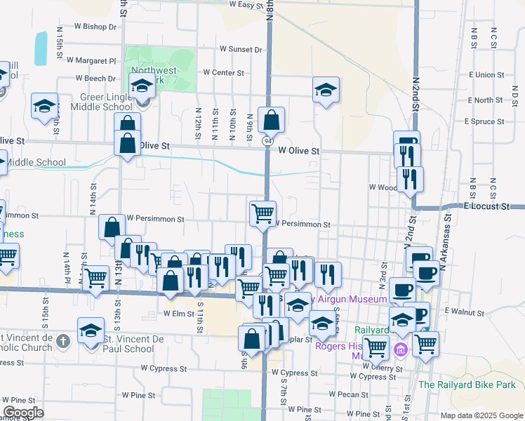 map of restaurants, bars, coffee shops, grocery stores, and more near 815 West Persimmon Street in Rogers