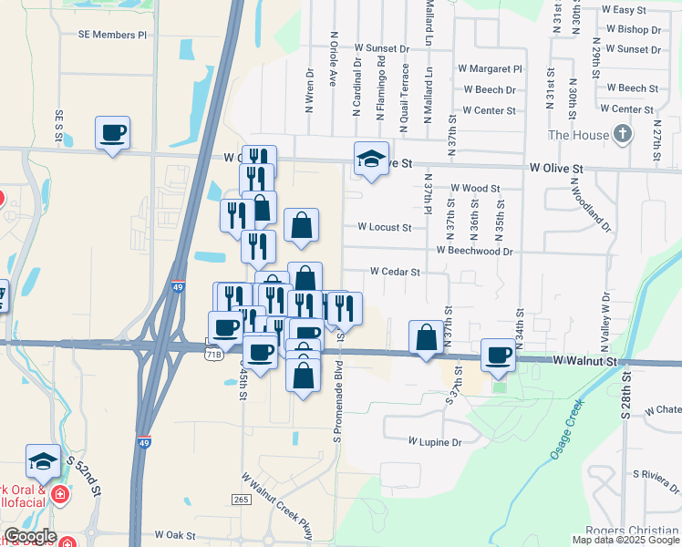 map of restaurants, bars, coffee shops, grocery stores, and more near 409 N 40th St in Rogers