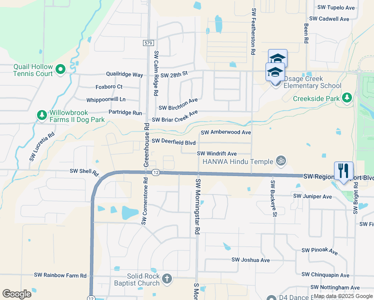 map of restaurants, bars, coffee shops, grocery stores, and more near 3403 Southwest Windrift Avenue in Bentonville