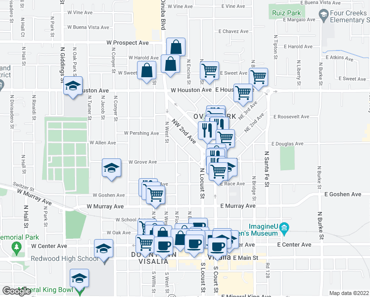 map of restaurants, bars, coffee shops, grocery stores, and more near 114 Pearl Street in Visalia