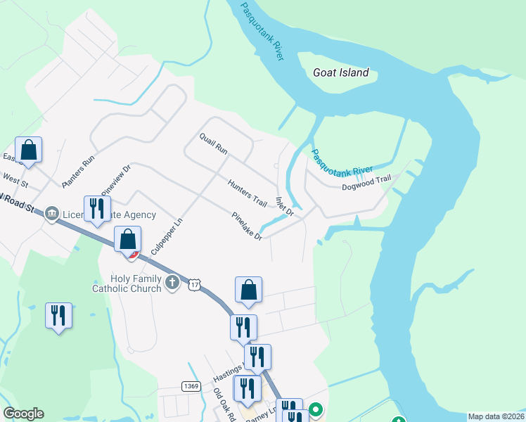 map of restaurants, bars, coffee shops, grocery stores, and more near in Pasquotank County