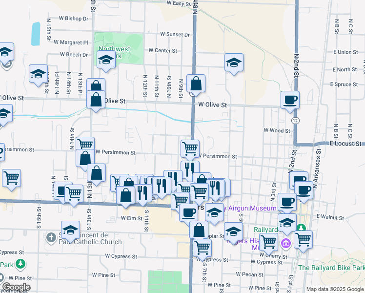 map of restaurants, bars, coffee shops, grocery stores, and more near 511 North 9th Street in Rogers