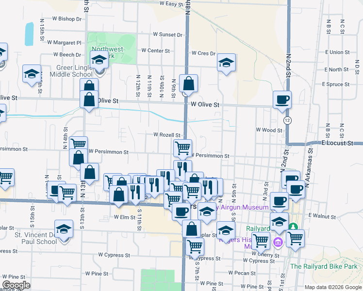 map of restaurants, bars, coffee shops, grocery stores, and more near 815 West Persimmon Street in Rogers