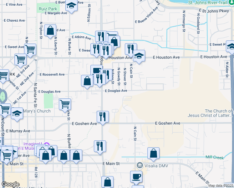 map of restaurants, bars, coffee shops, grocery stores, and more near 1435 East Douglas Avenue in Visalia