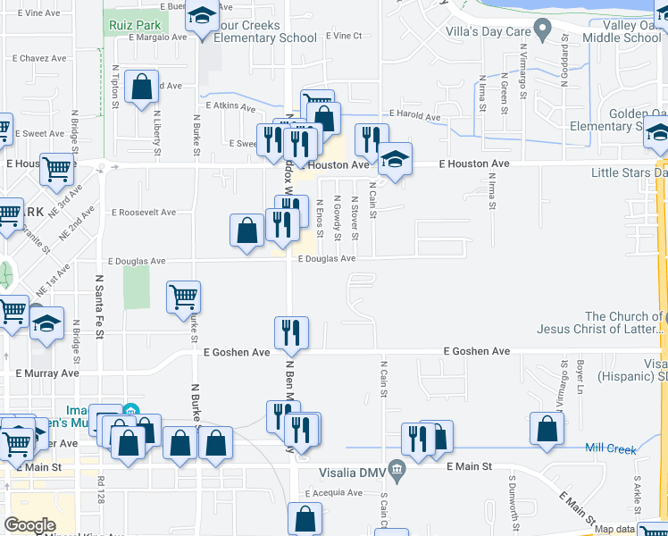 map of restaurants, bars, coffee shops, grocery stores, and more near 1439 East Douglas Avenue in Visalia