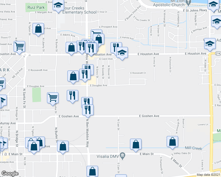 map of restaurants, bars, coffee shops, grocery stores, and more near 1605 East Douglas Avenue in Visalia