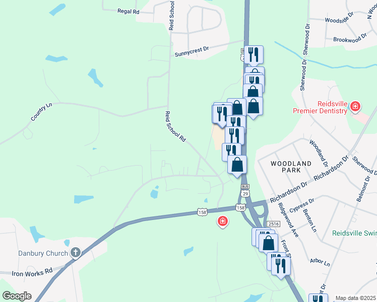 map of restaurants, bars, coffee shops, grocery stores, and more near 2732 Reid School Road in Reidsville