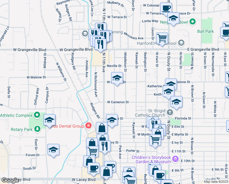 map of restaurants, bars, coffee shops, grocery stores, and more near 1201-1299 Whitmore St in Hanford