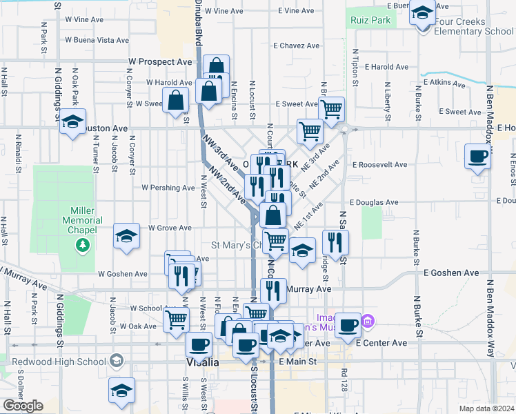 map of restaurants, bars, coffee shops, grocery stores, and more near 207 Northwest 2nd Avenue in Visalia