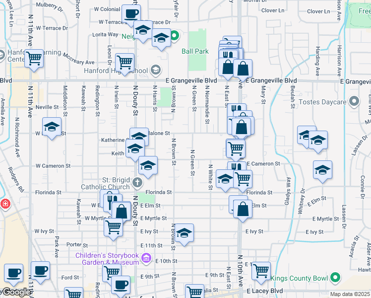 map of restaurants, bars, coffee shops, grocery stores, and more near 322 East Cameron Street in Hanford