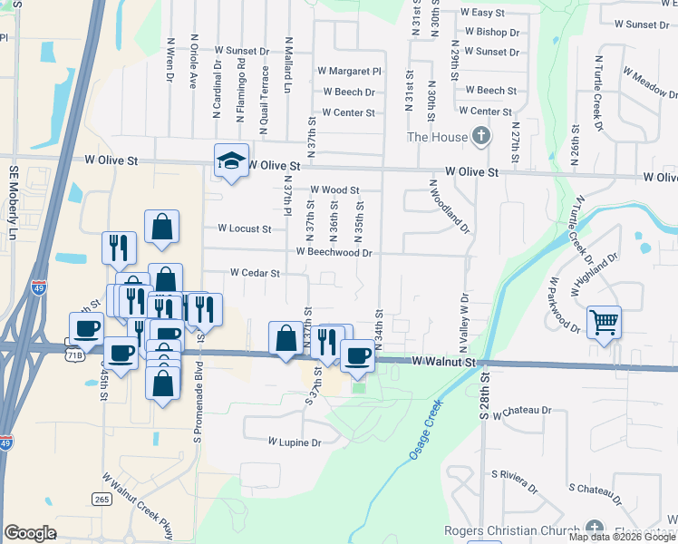 map of restaurants, bars, coffee shops, grocery stores, and more near 1698 W Cedar Cir in Rogers