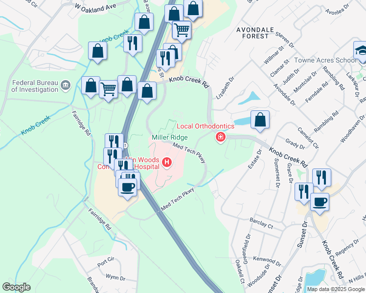 map of restaurants, bars, coffee shops, grocery stores, and more near Med Tech Parkway in Johnson City