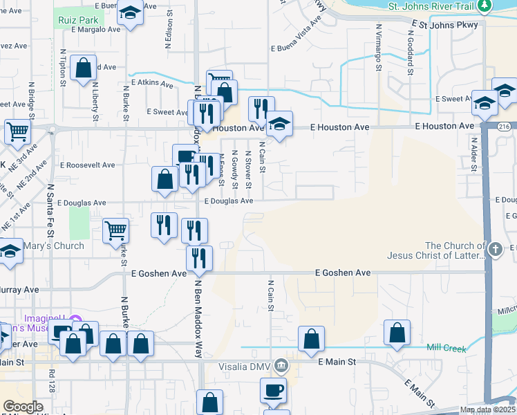 map of restaurants, bars, coffee shops, grocery stores, and more near 1623 East Douglas Avenue in Visalia