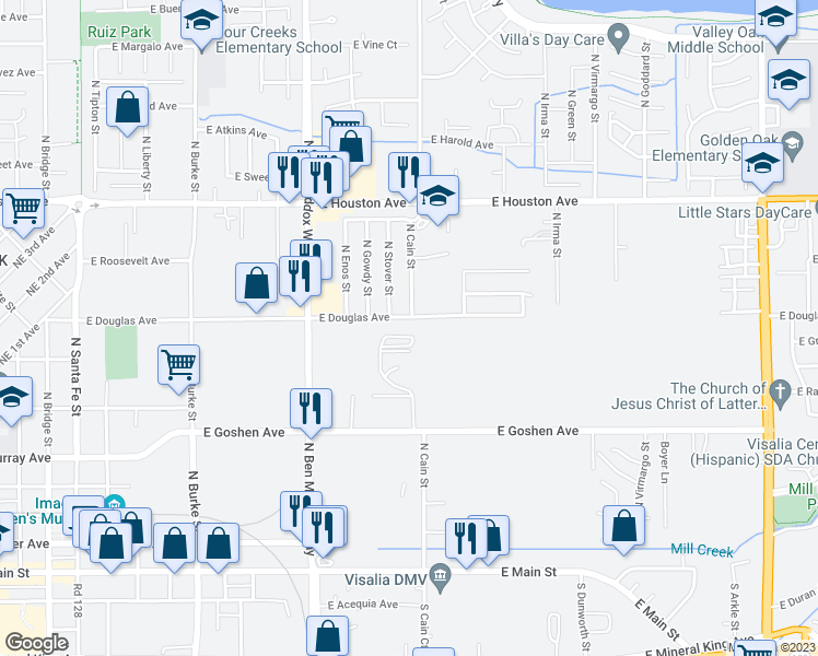 map of restaurants, bars, coffee shops, grocery stores, and more near 1631 East Douglas Avenue in Visalia