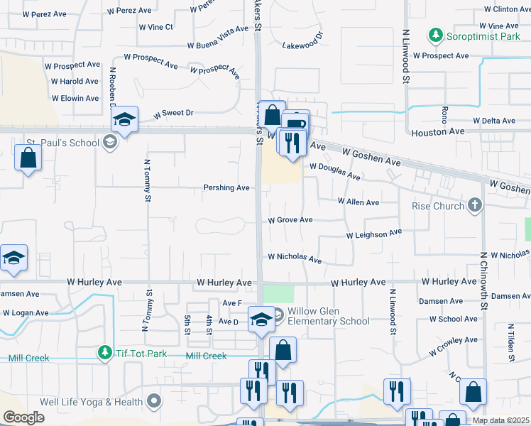 map of restaurants, bars, coffee shops, grocery stores, and more near 1017 North Oakwood Court in Visalia