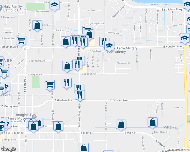 map of restaurants, bars, coffee shops, grocery stores, and more near 1521 East Douglas Avenue in Visalia