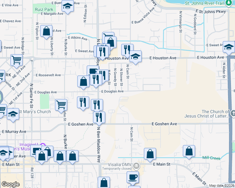 map of restaurants, bars, coffee shops, grocery stores, and more near 1605 East Douglas Avenue in Visalia