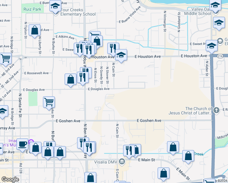 map of restaurants, bars, coffee shops, grocery stores, and more near 1637 East Douglas Avenue in Visalia