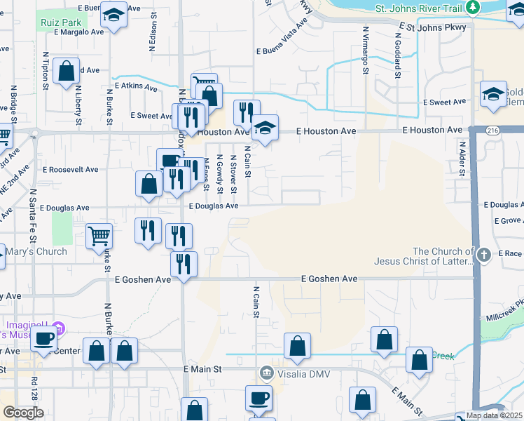 map of restaurants, bars, coffee shops, grocery stores, and more near 1715 East Douglas Avenue in Visalia