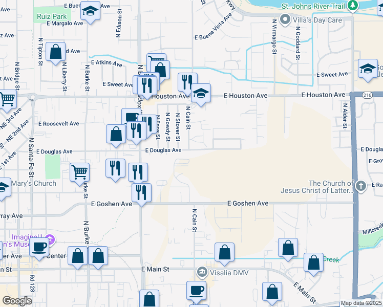map of restaurants, bars, coffee shops, grocery stores, and more near 1715 East Douglas Avenue in Visalia