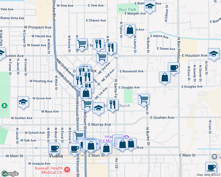 map of restaurants, bars, coffee shops, grocery stores, and more near 712 North Bridge Street in Visalia