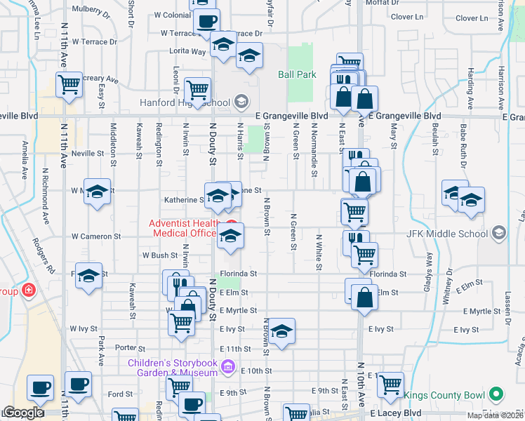 map of restaurants, bars, coffee shops, grocery stores, and more near 1206 North Brown Street in Hanford