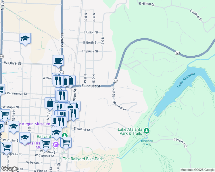 map of restaurants, bars, coffee shops, grocery stores, and more near 428 East Locust Street in Rogers
