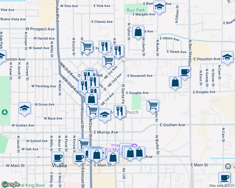 map of restaurants, bars, coffee shops, grocery stores, and more near 724 North Bridge Street in Visalia