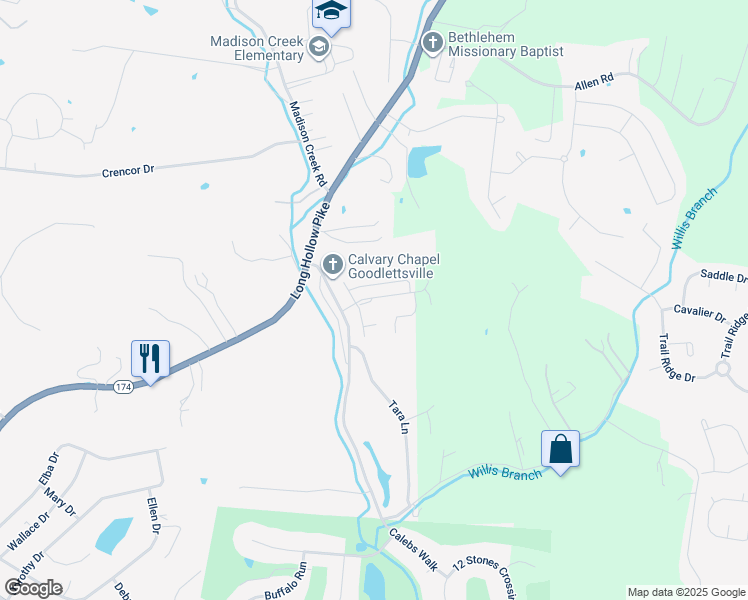 map of restaurants, bars, coffee shops, grocery stores, and more near 1039 Willis Branch Drive in Goodlettsville