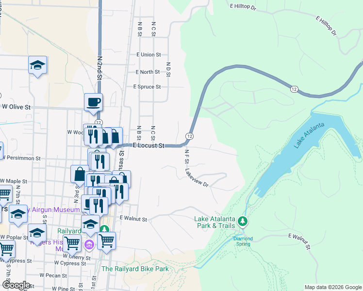map of restaurants, bars, coffee shops, grocery stores, and more near 303 Prairie Creek Drive in Rogers