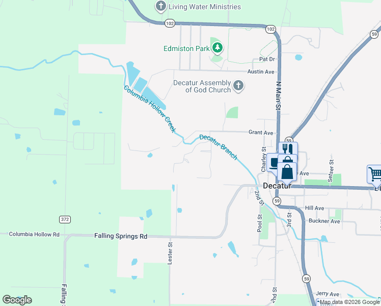 map of restaurants, bars, coffee shops, grocery stores, and more near Hidden Springs Drive in Decatur
