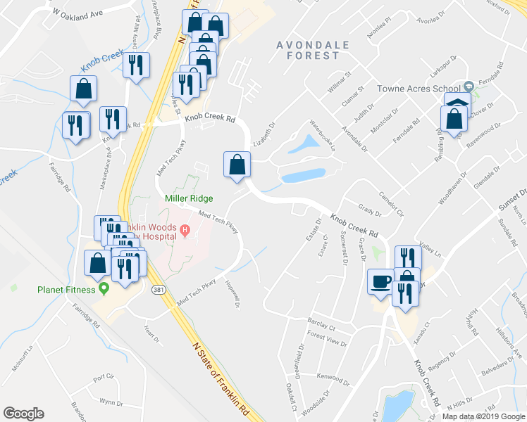 map of restaurants, bars, coffee shops, grocery stores, and more near 2333 Knob Creek Road in Johnson City