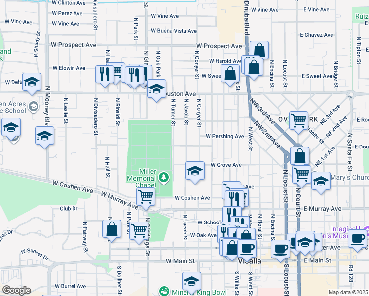map of restaurants, bars, coffee shops, grocery stores, and more near 901 West Allen Avenue in Visalia