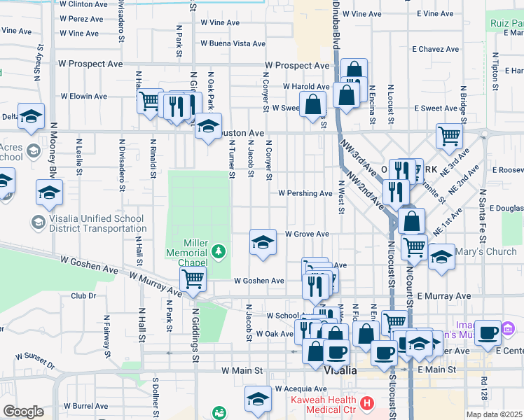 map of restaurants, bars, coffee shops, grocery stores, and more near 809 West Allen Avenue in Visalia