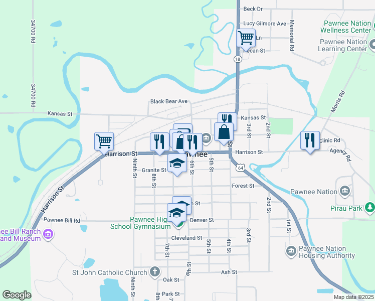 map of restaurants, bars, coffee shops, grocery stores, and more near 547 6th Street in Pawnee