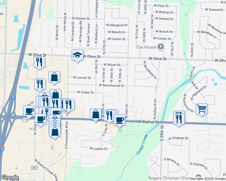 map of restaurants, bars, coffee shops, grocery stores, and more near 1698 W Cedar Cir in Rogers
