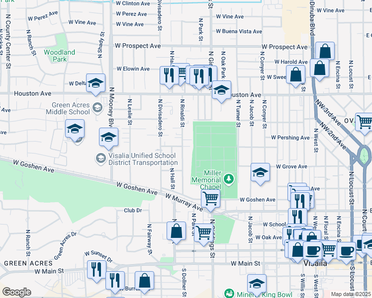 map of restaurants, bars, coffee shops, grocery stores, and more near 817 North Rinaldi Street in Visalia