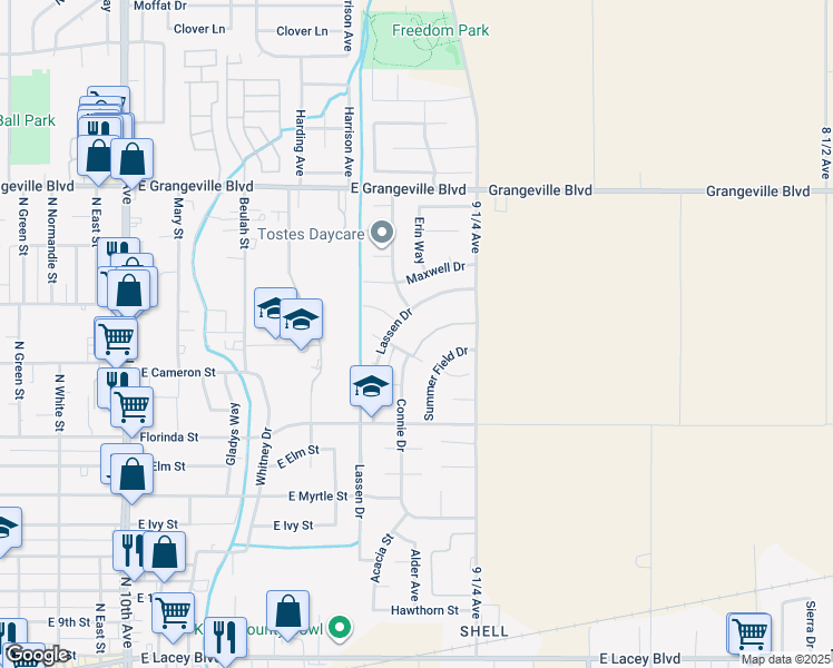 map of restaurants, bars, coffee shops, grocery stores, and more near 1190 Connie Drive in Hanford