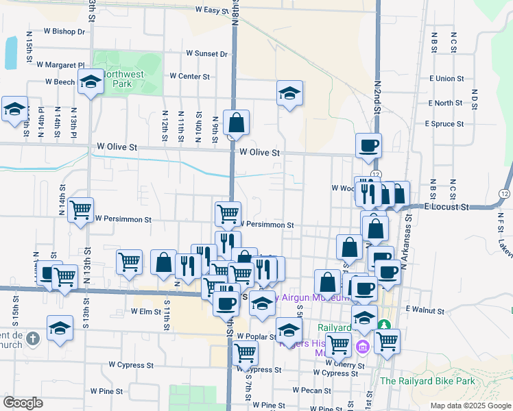 map of restaurants, bars, coffee shops, grocery stores, and more near 511 North 7th Street in Rogers