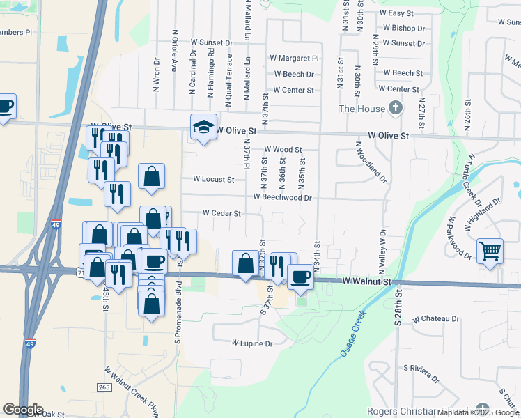 map of restaurants, bars, coffee shops, grocery stores, and more near 3503 West Cedar Circle in Rogers