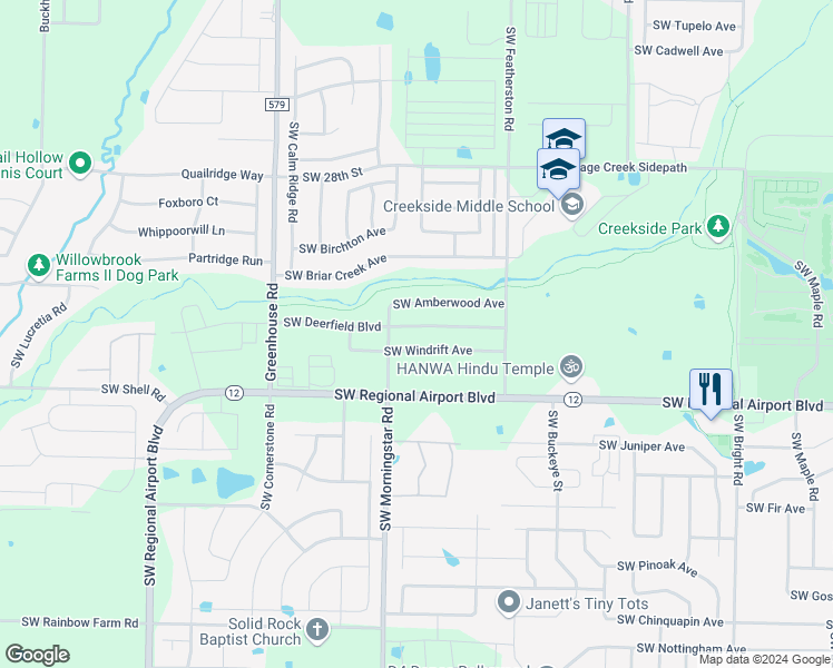 map of restaurants, bars, coffee shops, grocery stores, and more near 3105 Southwest Windrift Avenue in Bentonville