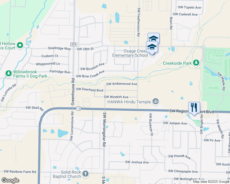 map of restaurants, bars, coffee shops, grocery stores, and more near 3107 Southwest Deerfield Boulevard in Bentonville