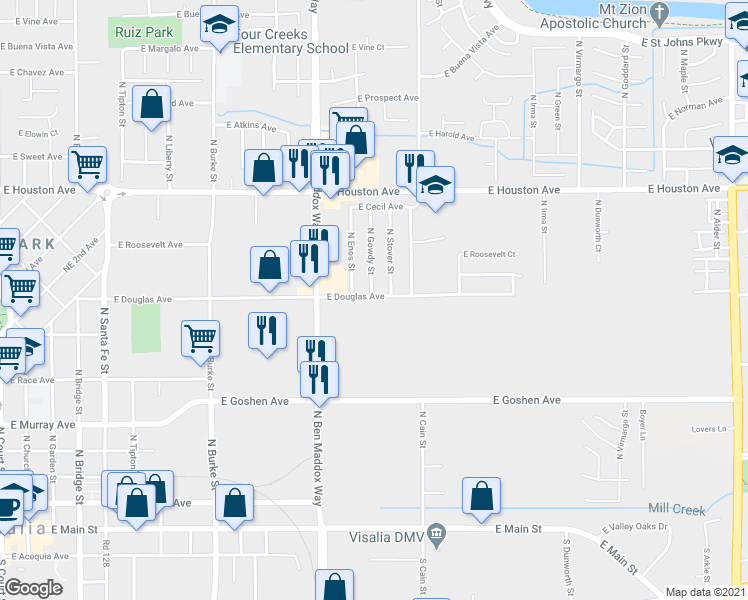 map of restaurants, bars, coffee shops, grocery stores, and more near 1517 East Douglas Avenue in Visalia