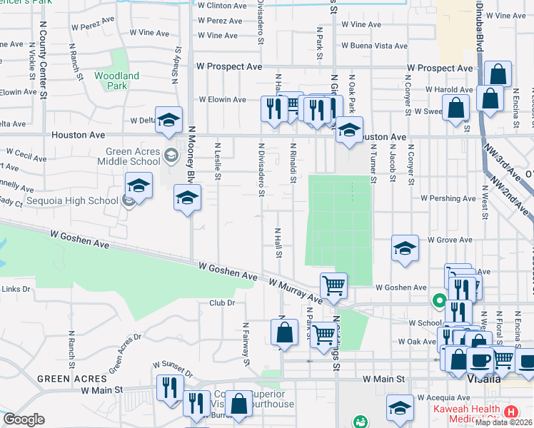 map of restaurants, bars, coffee shops, grocery stores, and more near 817-819 North Divisadero Street in Visalia