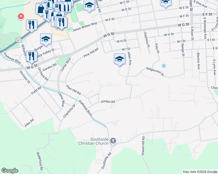 map of restaurants, bars, coffee shops, grocery stores, and more near 614 Evergreen Lane in Elizabethton