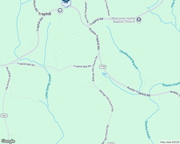 map of restaurants, bars, coffee shops, grocery stores, and more near 281-403 Billings Hill Church Road in Traphill