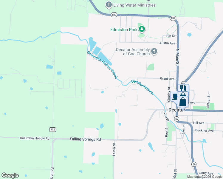 map of restaurants, bars, coffee shops, grocery stores, and more near Hidden Springs Drive in Decatur