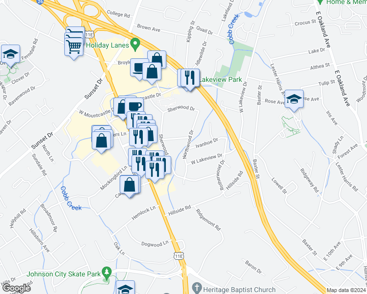 map of restaurants, bars, coffee shops, grocery stores, and more near 1911 Northwood Drive in Johnson City